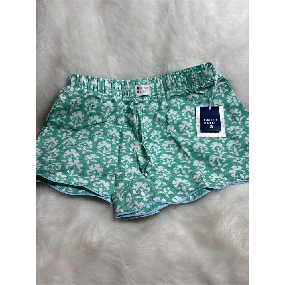 Roller Rabbit Target Floral Poplin Scalloped Teal Green Boxers Shorts Women SM